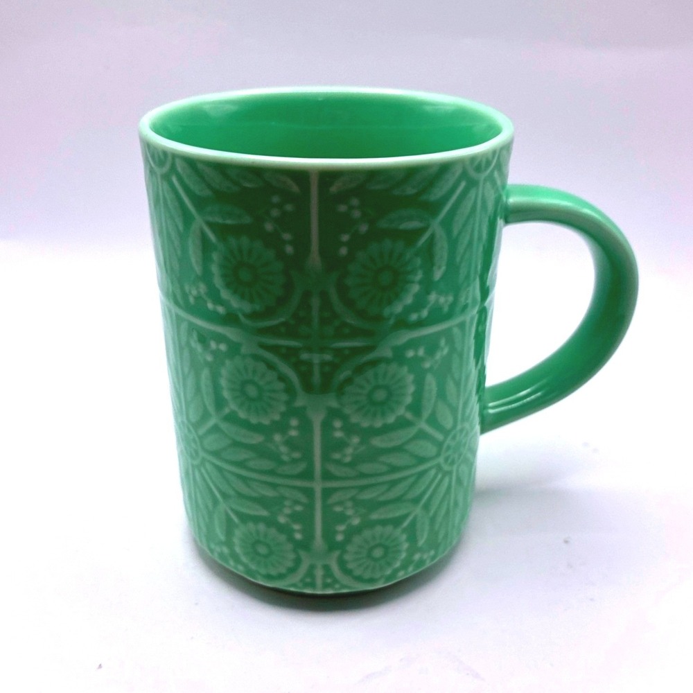 Starbucks Coffee Mug 12oz Mint Green Embossed Floral Tile Pattern Ceramic Cup - Picture 6 of 6